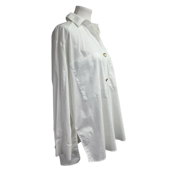 Magaschoni White Long Sleeve Blouse, size large. Gold buttons oversized top - Picture 7 of 15